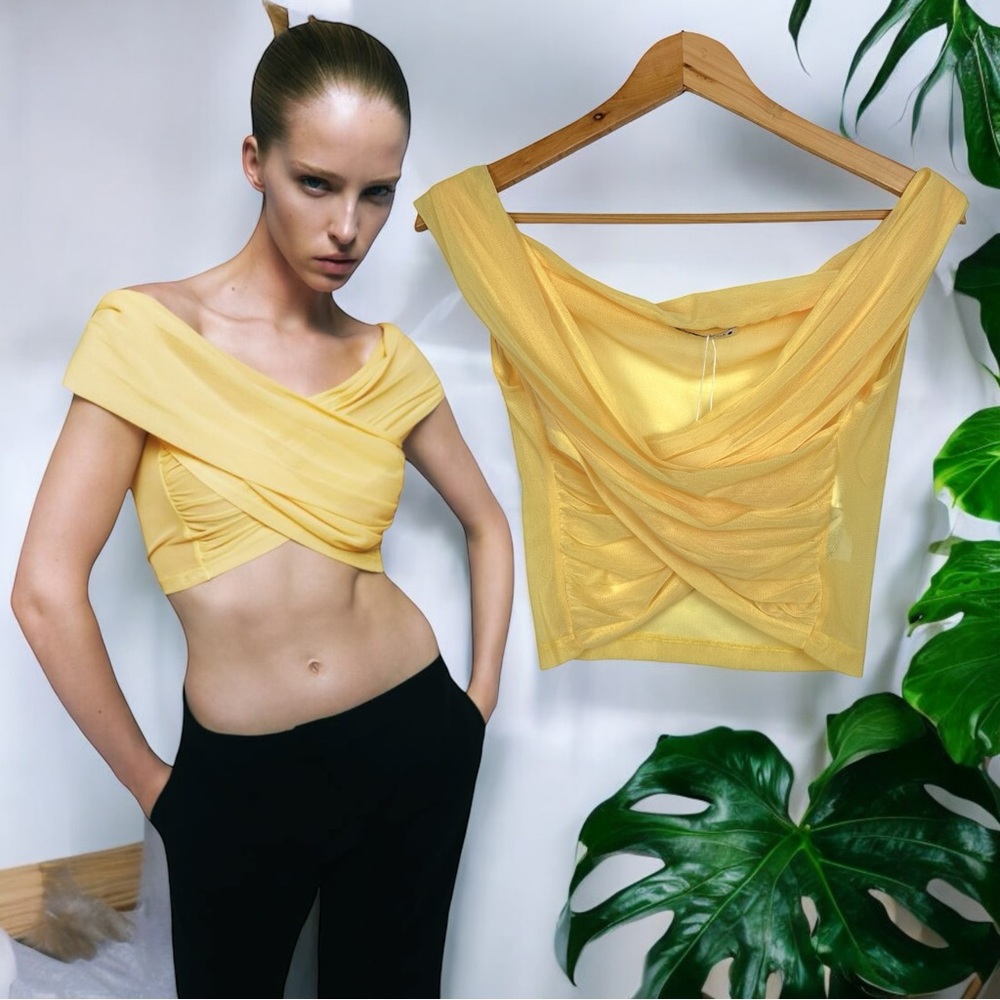 ZARA Dainty Fem Sheer Mesh Draped Off The Shoulder Asymmetric Crop Top Yellow L